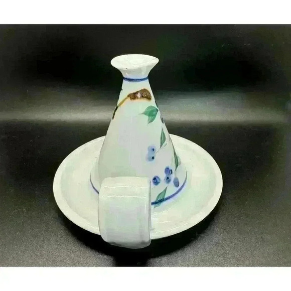 Signed Georgetown Pottery Maine ‘94 Candlestick Blueberries Green Leaf Handle - Picture 2 of 6